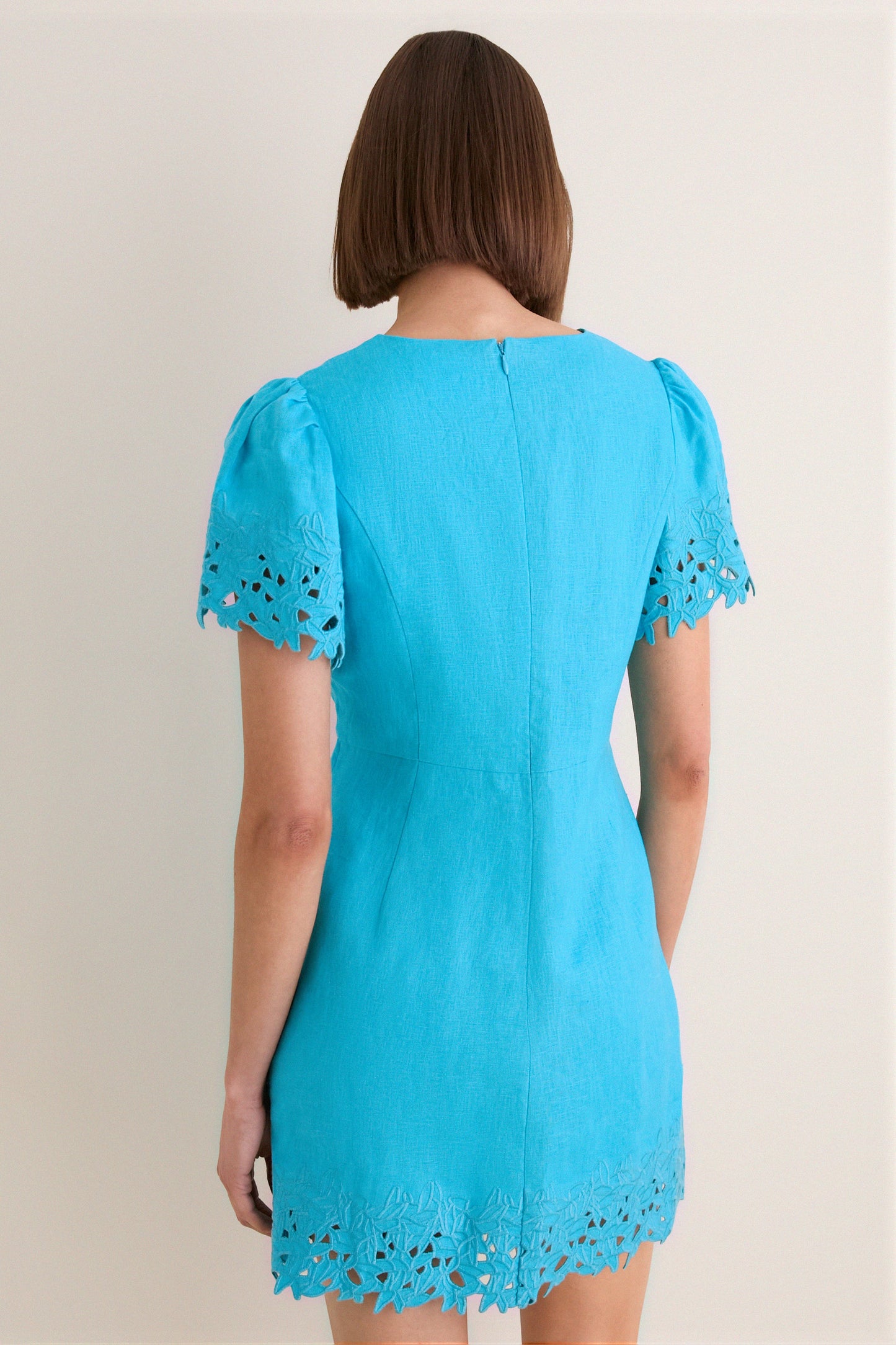 Aqua Linen Embroidered Ruthie Mini Dress