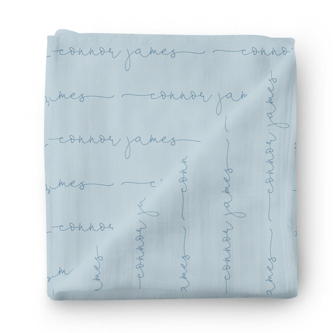 Personalized Light Dusty Blue Baby Name Swaddle Blanket - Script