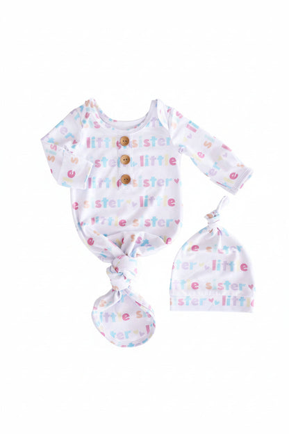Little Sister Newborn Baby Knot Gown & Hat Set